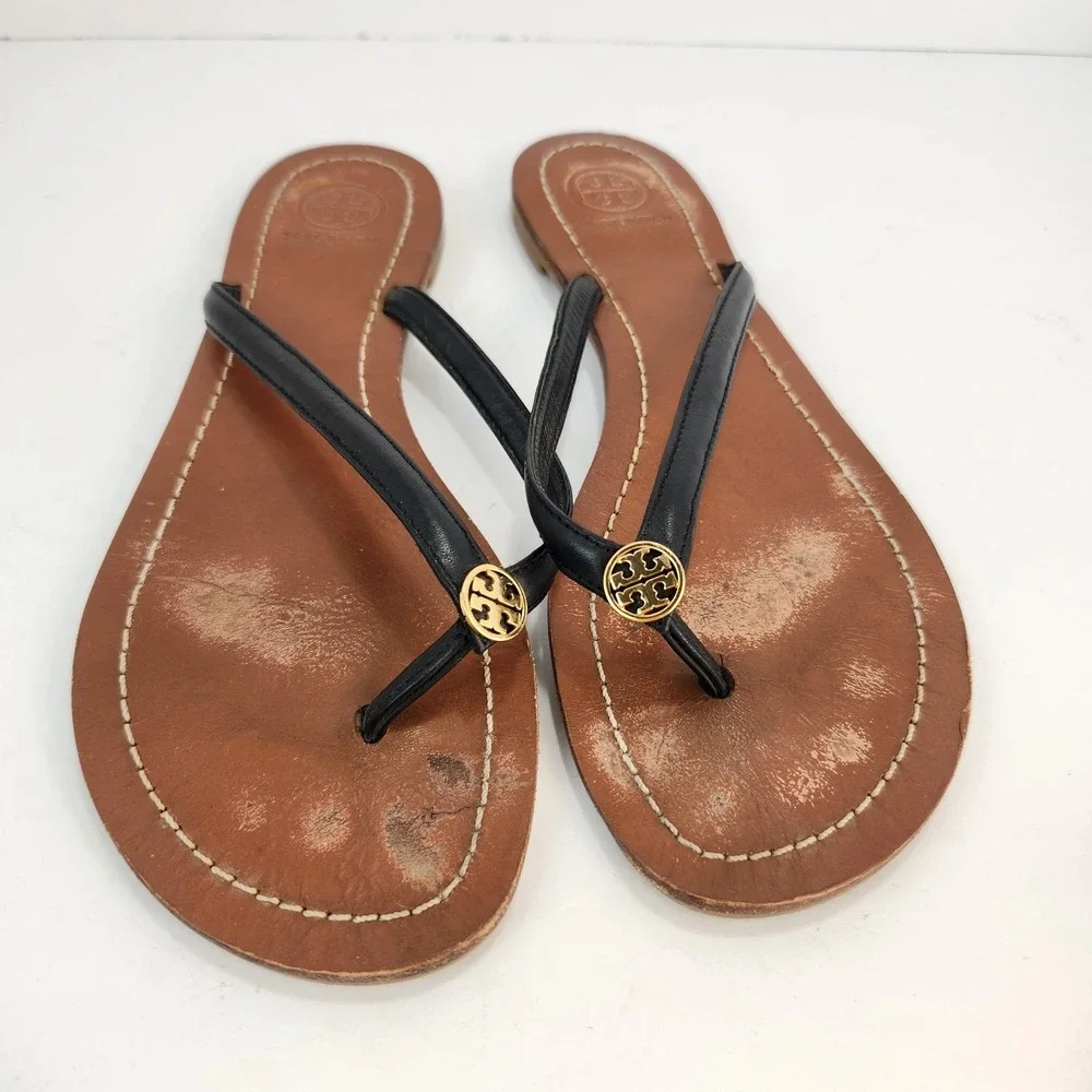 Tory Burch Women's Elegant Black Leather Thong Black Sandals Logo Size 7.5M